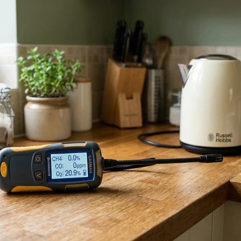 Dominion Gasman IR gas detection device displaying CH4, CO, and O2 readings on a wooden kitchen countertop.