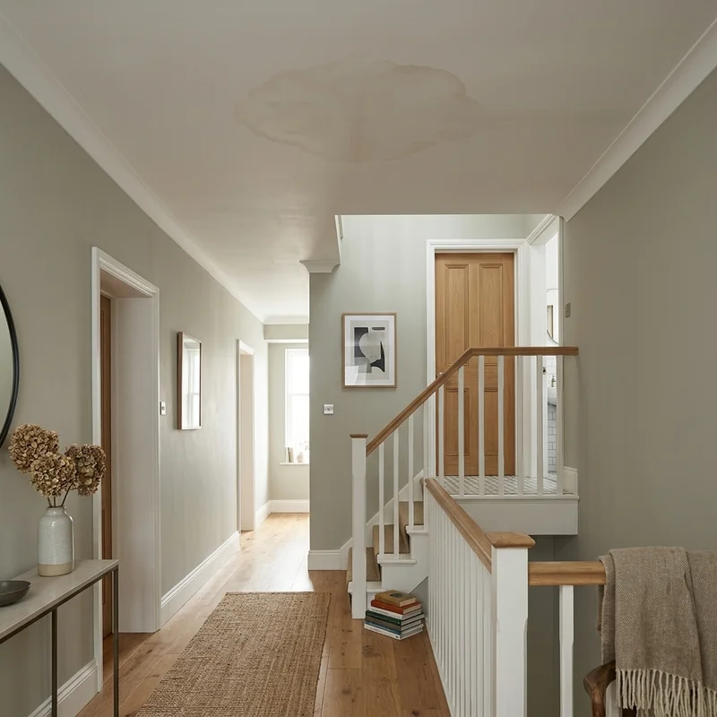 Prominent brown water stain on a pale cream hallway ceiling above a staircase and wooden flooring.