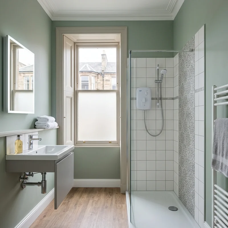 Modern bathroom with sage green walls, vanity sink and shower with electric unit, in a Liberton home.