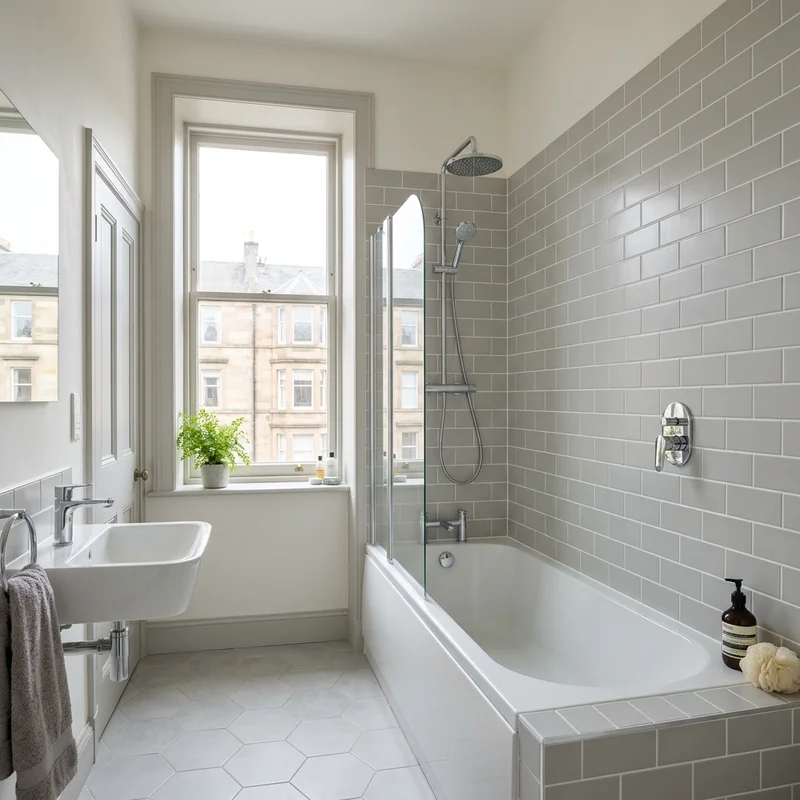 Freshly installed shower over bath with grey rectangular wall tiles, a glass screen, and a white basin.