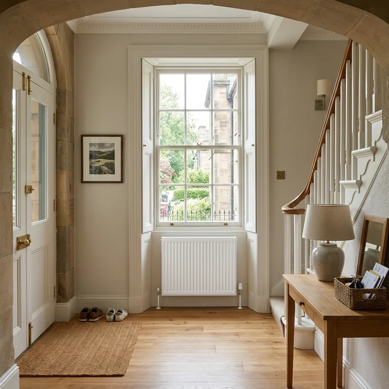 White panel radiator under a sash window in a bright East Lothian entrance hallway with a staircase.