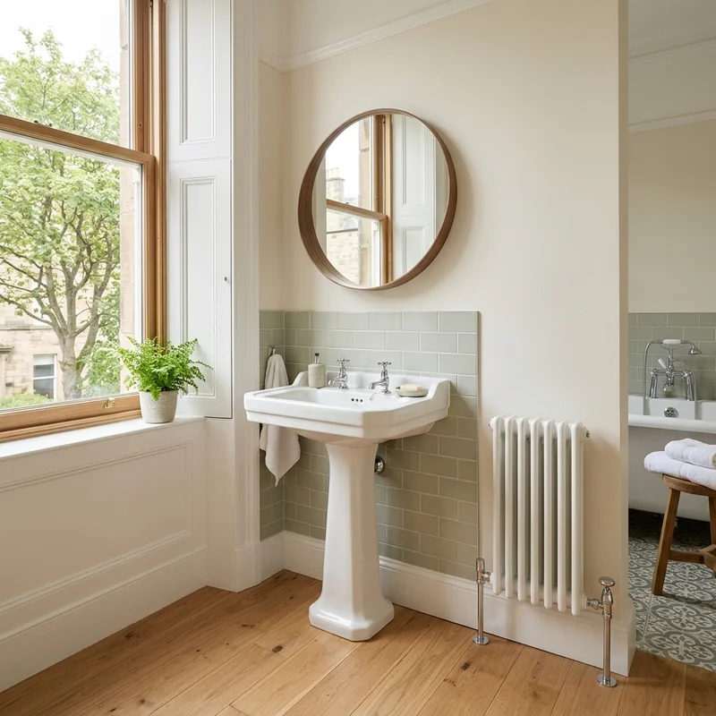 Bright Edinburgh bathroom with white pedestal sink, round mirror, light green tiles, and a column radiator.