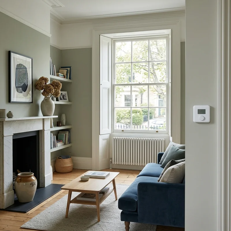 A white smart thermostat mounted on a pale grey wall in a period living room with a fireplace and large sash window.