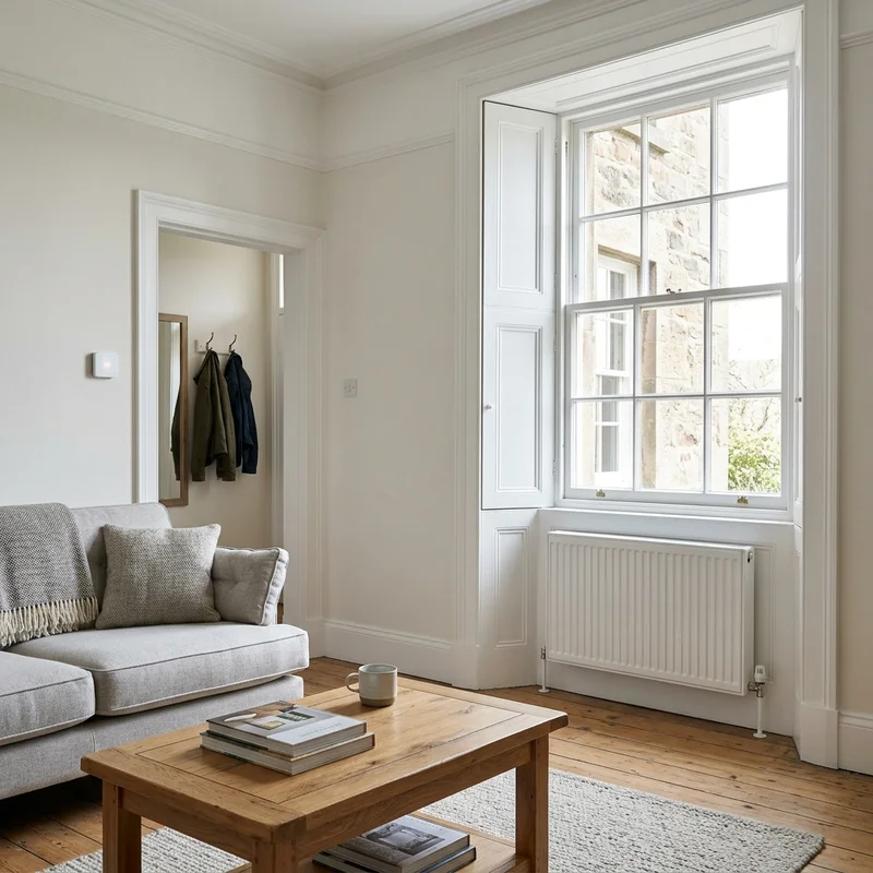 Bright living room in a traditional East Lothian home, featuring a white smart thermostat, grey sofa, and white radiator.