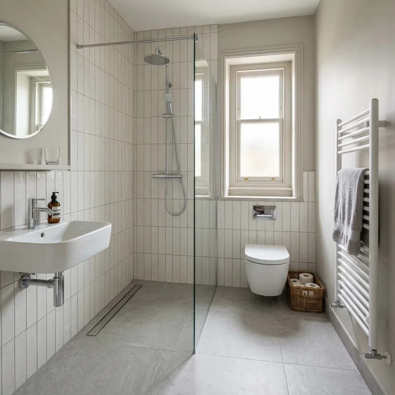 Light-filled bathroom featuring a walk-in shower with glass screen, wall-hung toilet and basin, plus heated towel rail.