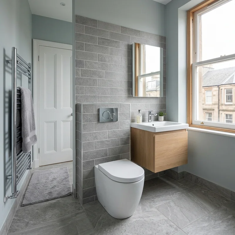 Contemporary bathroom featuring a white wall-hung toilet, wooden vanity, grey tiled walls and floor, and chrome towel rail.