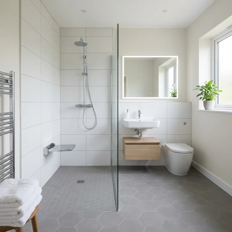 Modern bathroom in Trinity with walk-in shower, accessible seat, basin, toilet, and heated towel rail.