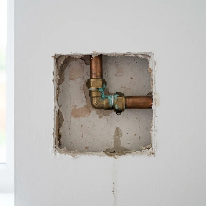 Exposed copper plumbing with a leaking brass elbow joint and green verdigris in a white wall.