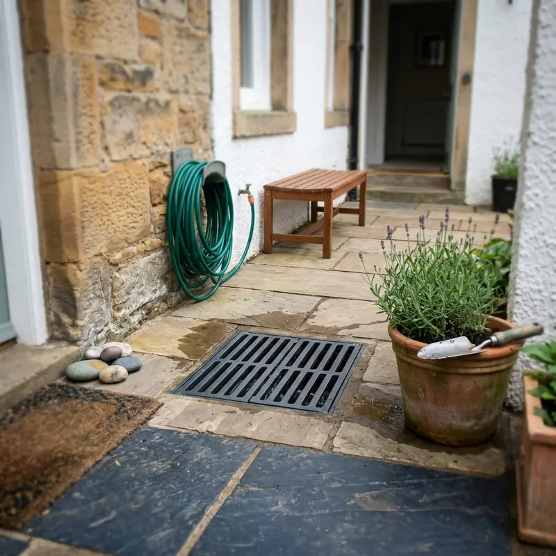 Square dark grey drain grate set into wet stone paving on a courtyard patio with a coiled garden hose.