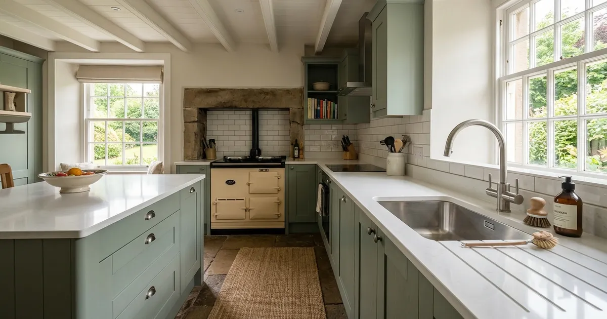 Modern country kitchen with light green cabinets, white counters, stainless steel sink, curved tap, and Aga cooker.