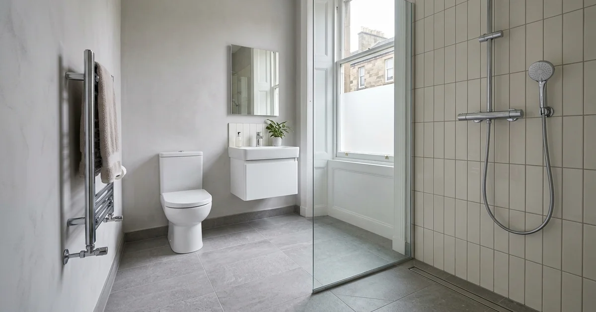 Contemporary wet room with walk-in shower, toilet, wall-mounted basin, and heated towel rail in Edinburgh.