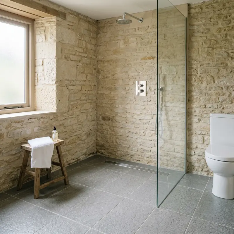 Wet room with exposed stone walls, grey tiled floor, walk-in shower with rain head, toilet and window, East Lothian.