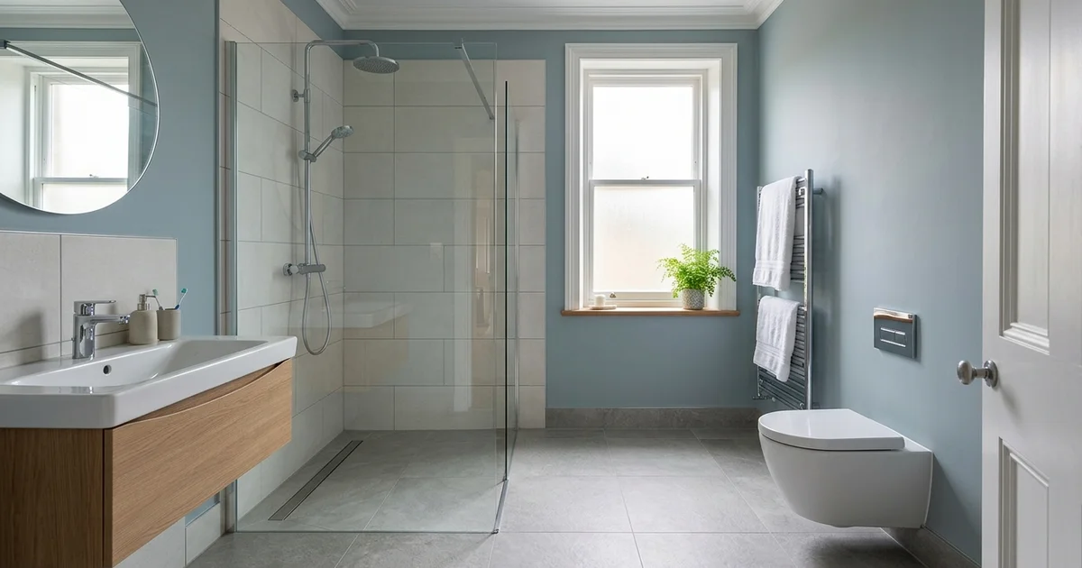 Modern blue-grey wet room with walk-in shower, floating wooden vanity, wall-mounted toilet, and heated towel rail.