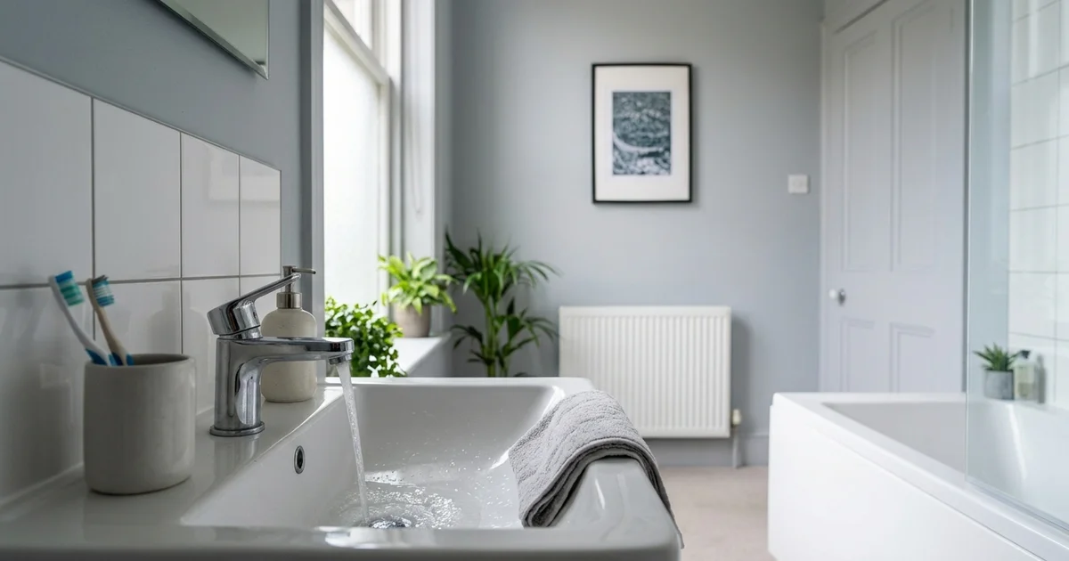 Gentle stream of water running from a chrome tap into a white sink in a modern grey bathroom.