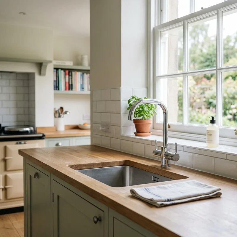 Arching chrome kitchen mixer tap and stainless steel sink set into an oak countertop in a classic kitchen.