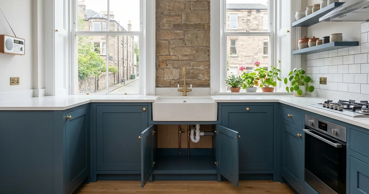 Open sink cabinet in an Edinburgh kitchen shows visible copper and PVC pipework beneath a white ceramic sink.
