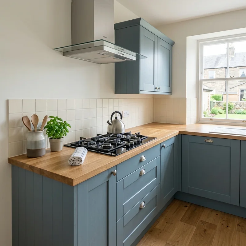 Fitted gas hob in a blue-grey kitchen with wooden worktops, cream tiled splashback and stainless steel extractor hood.
