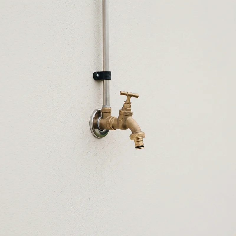 New outdoor garden tap installation on a cream wall, with brass tap and vertical silver pipe in Edinburgh.