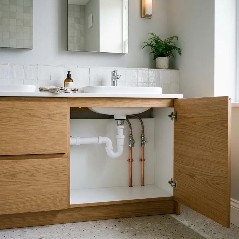 Inside an open oak sink cabinet: white plastic waste pipe, copper water pipes with chrome valves.