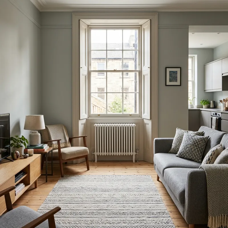 Living room with a newly installed white column radiator, light grey walls, wooden flooring, and a modern kitchen beyond.
