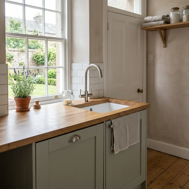 Brushed steel mixer tap in a white sink, with wooden worktops and sage green cabinets in a kitchen.
