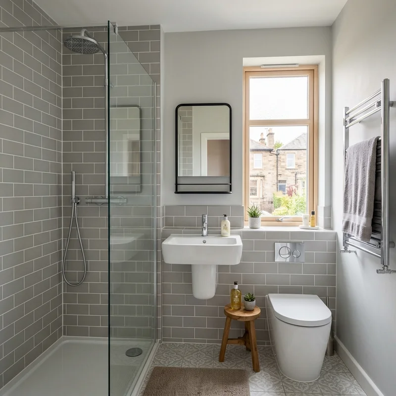 Newly fitted grey tiled ensuite in East Lothian with a walk-in shower, wall-hung basin, toilet and chrome towel rail.
