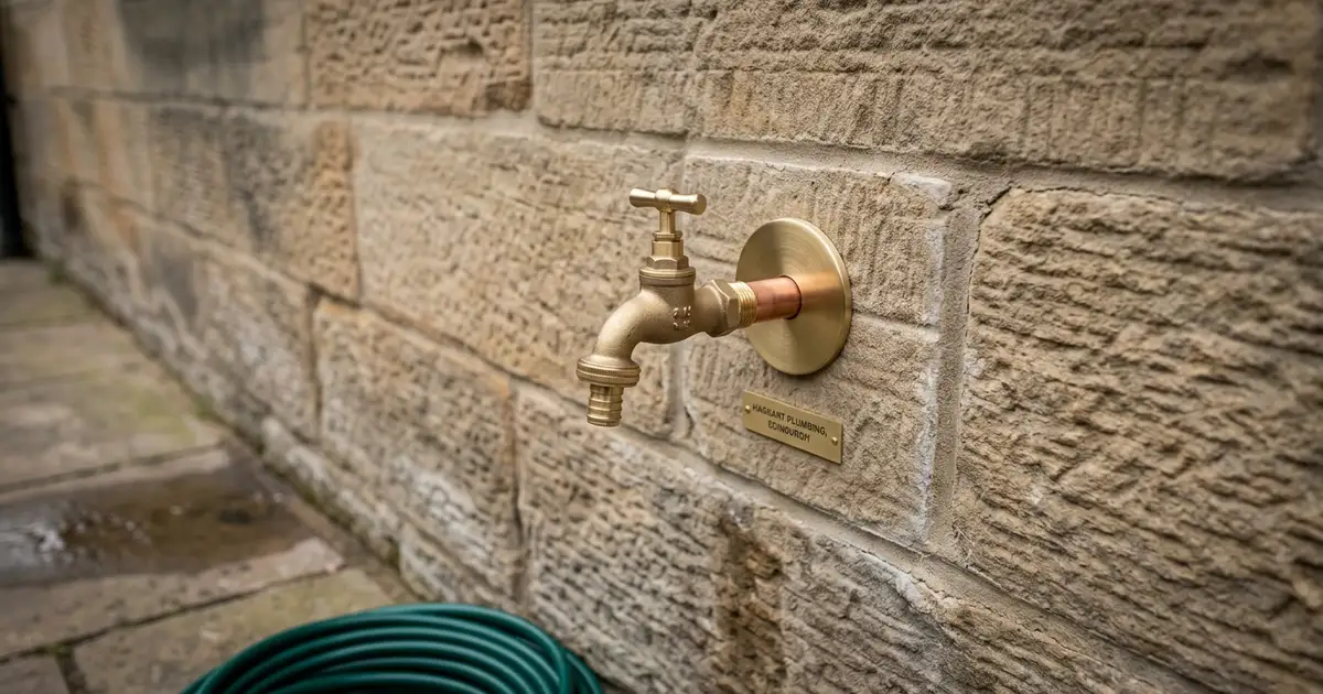 Brass garden tap on a weathered stone wall, green hose coiled on wet paving slabs below.