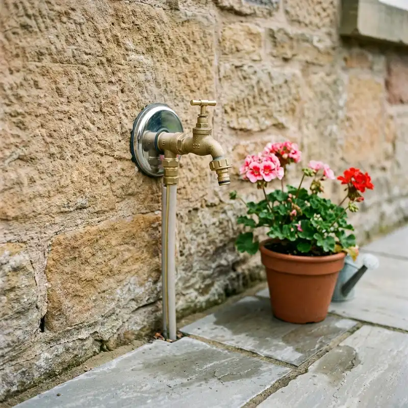 A garden tap on a rustic stone wall, brass, with a terracotta pot of pink and red geraniums on grey paving.