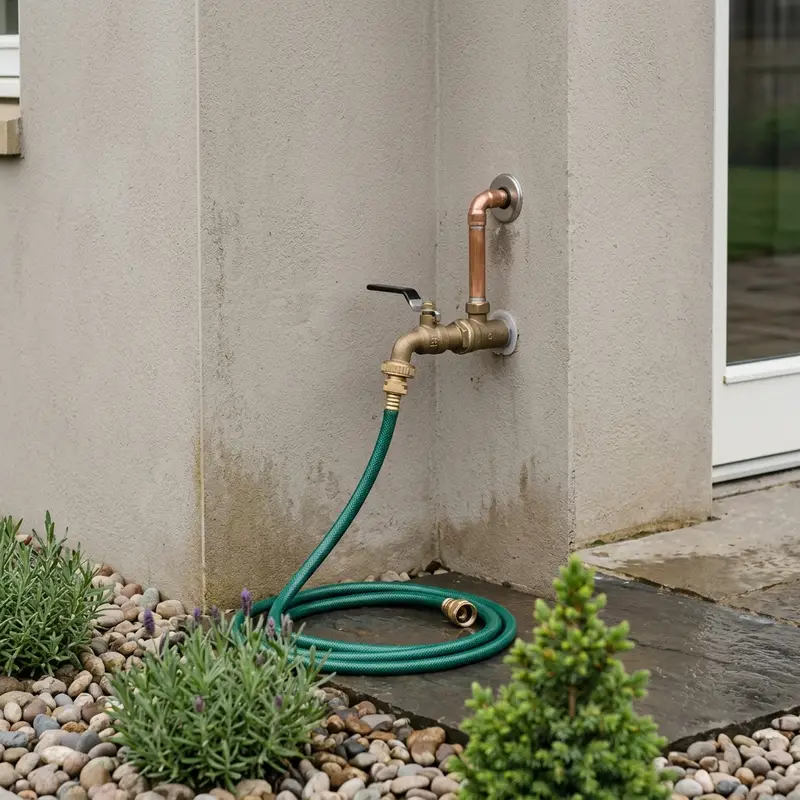 New outdoor tap installation with copper piping on a rendered house wall in East Lothian, with a garden hose.