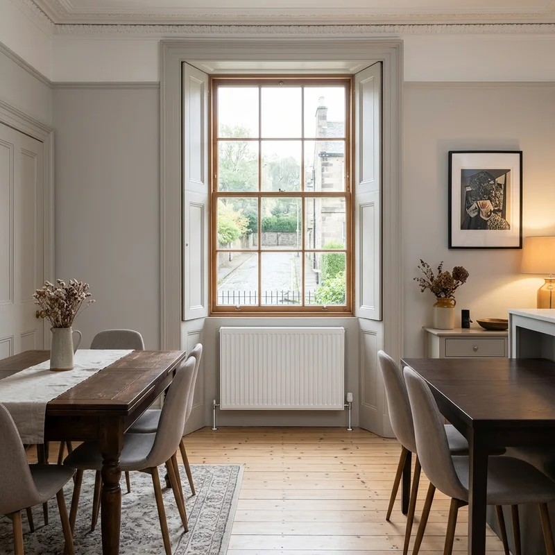 Clean white radiator installed under a multi-paned wooden sash window in a neutral-toned dining room.