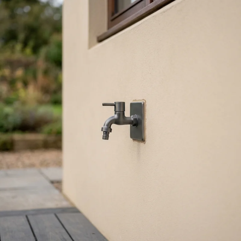 Dark grey metal garden tap fitted to a pale beige rendered house wall, with an out-of-focus garden behind.