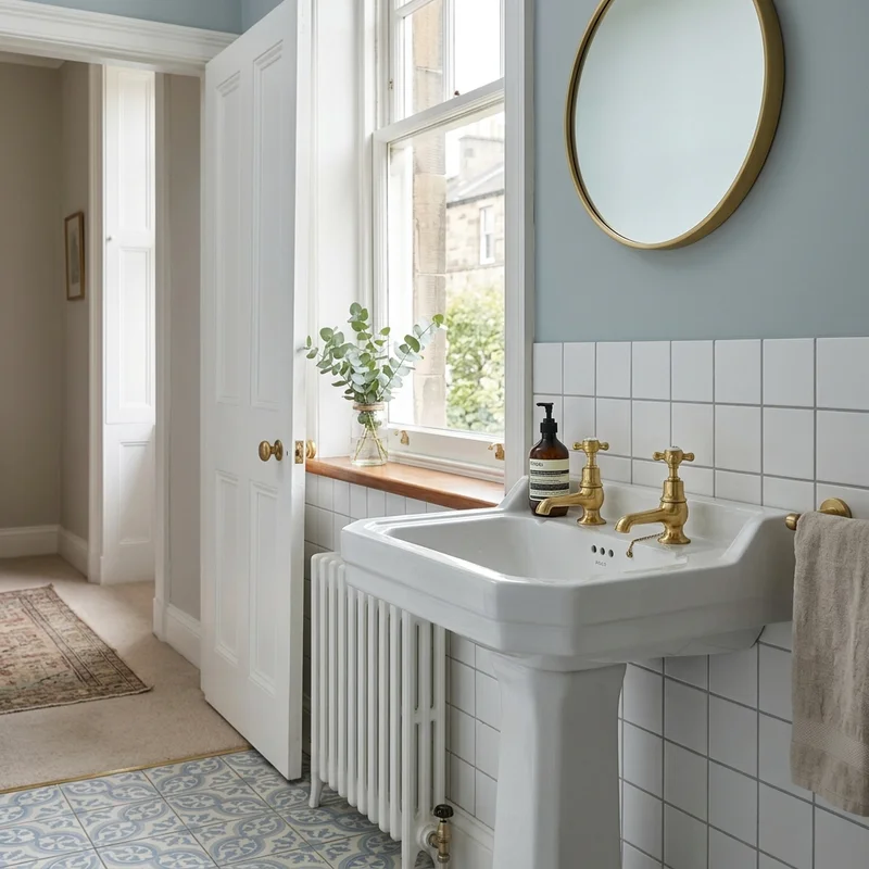 Classic brass cross-head taps on a white pedestal basin in a light blue tiled bathroom in East Lothian.