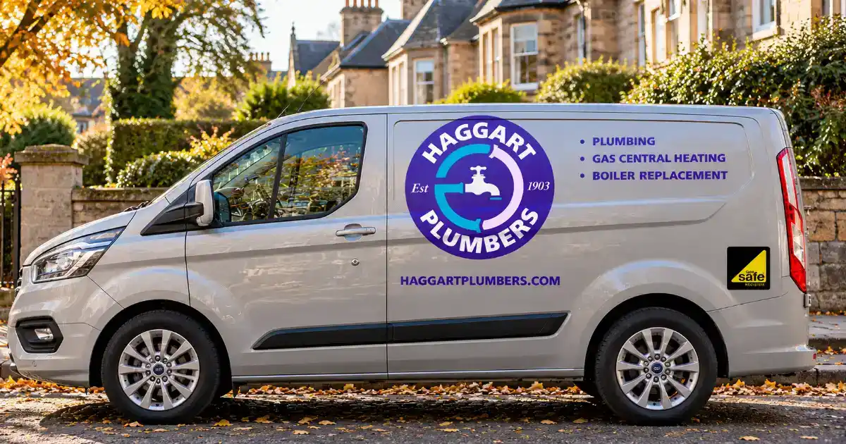 Haggart Plumbers' light grey van with logo and services, parked on a leafy street in Craigentinny.