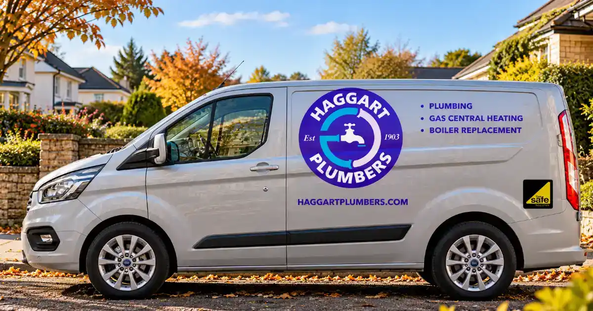 Haggart Plumbers branded van with plumbing, heating & boiler services, parked on a residential street with autumn trees.