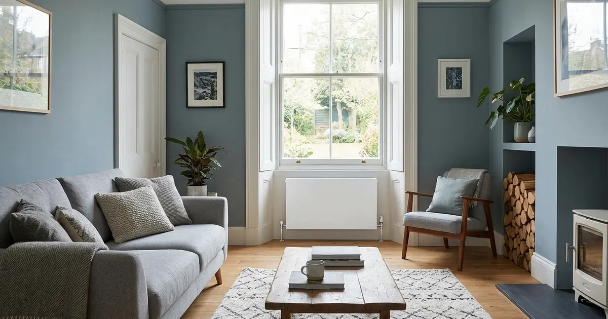 Panel radiator in a blue-grey living room with a grey sofa, wooden armchair, and a white wood-burning stove.