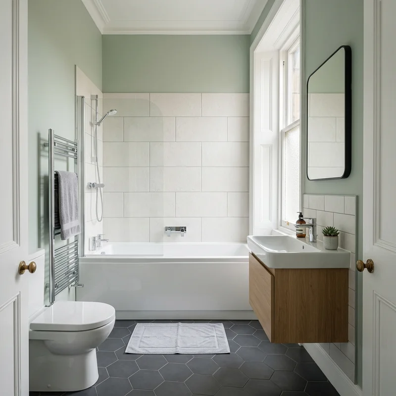 Newly fitted bathroom in Edinburgh with a shower bath, toilet, wooden vanity, and hexagonal floor tiles.