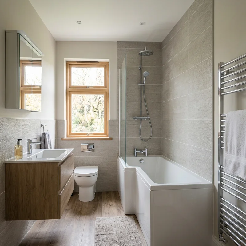 Bright bathroom with light grey tiled walls, a wooden vanity, a toilet, and a P-shaped shower bath with glass screen.