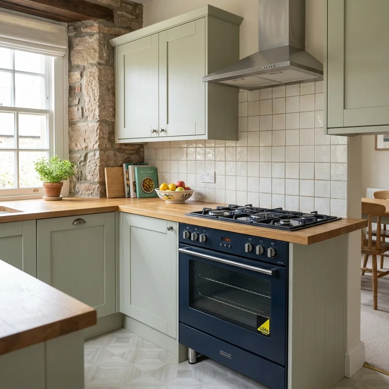 Navy blue gas oven and hob in a modern kitchen with sage green cabinets, wooden worktops, and white tiled splashback.