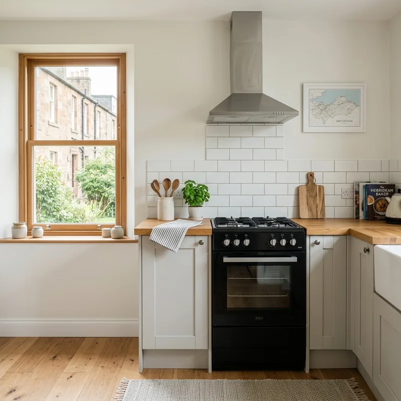 Bright kitchen featuring light grey cabinets, wooden worktops, a black gas cooker, and a stainless steel extractor hood.