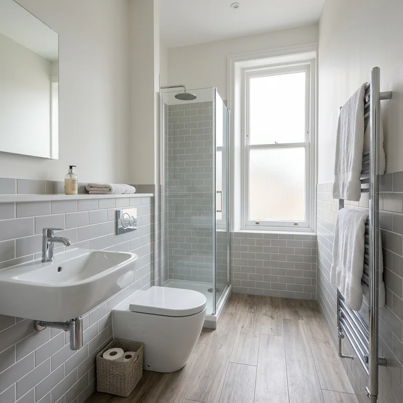 Floor-standing toilet with concealed cistern in a contemporary grey-tiled bathroom in Edinburgh.