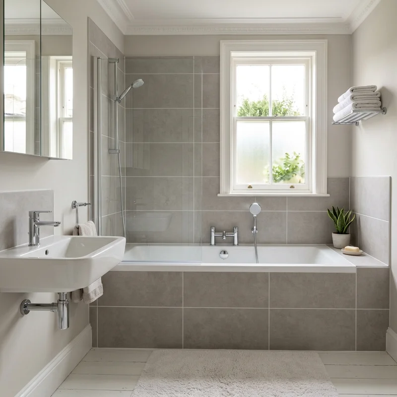 Contemporary grey bathroom with a fitted white shower bath, wall-mounted basin, and chrome taps.