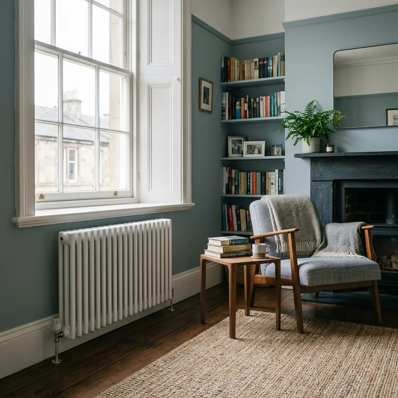 Light blue-grey Edinburgh living room with a white column radiator and sash window.