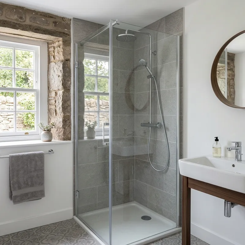 Clean bathroom with a corner glass shower, white sink, round mirror, and a window overlooking a stone wall.