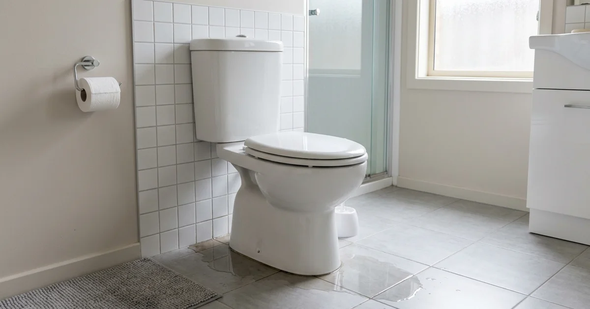 A white toilet in a modern bathroom with water leaking onto the grey tiled floor around its base.