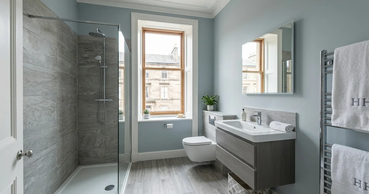 Modern bathroom with walk-in shower, wall-hung toilet, grey vanity, and sash window looking onto a traditional UK street.