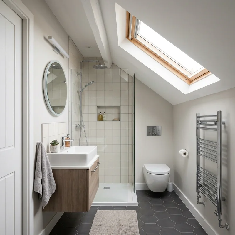 Ensuite bathroom in East Lothian with a skylight, walk-in shower, floating vanity, and dark grey hexagonal floor.