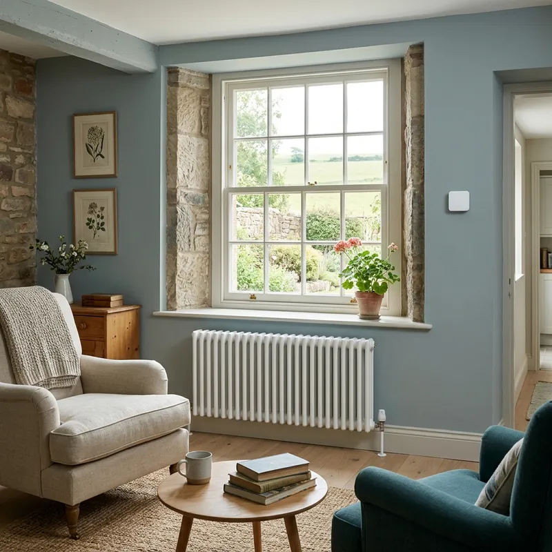 A smart thermostat control on a light blue-grey wall in an East Lothian living room with a white radiator.