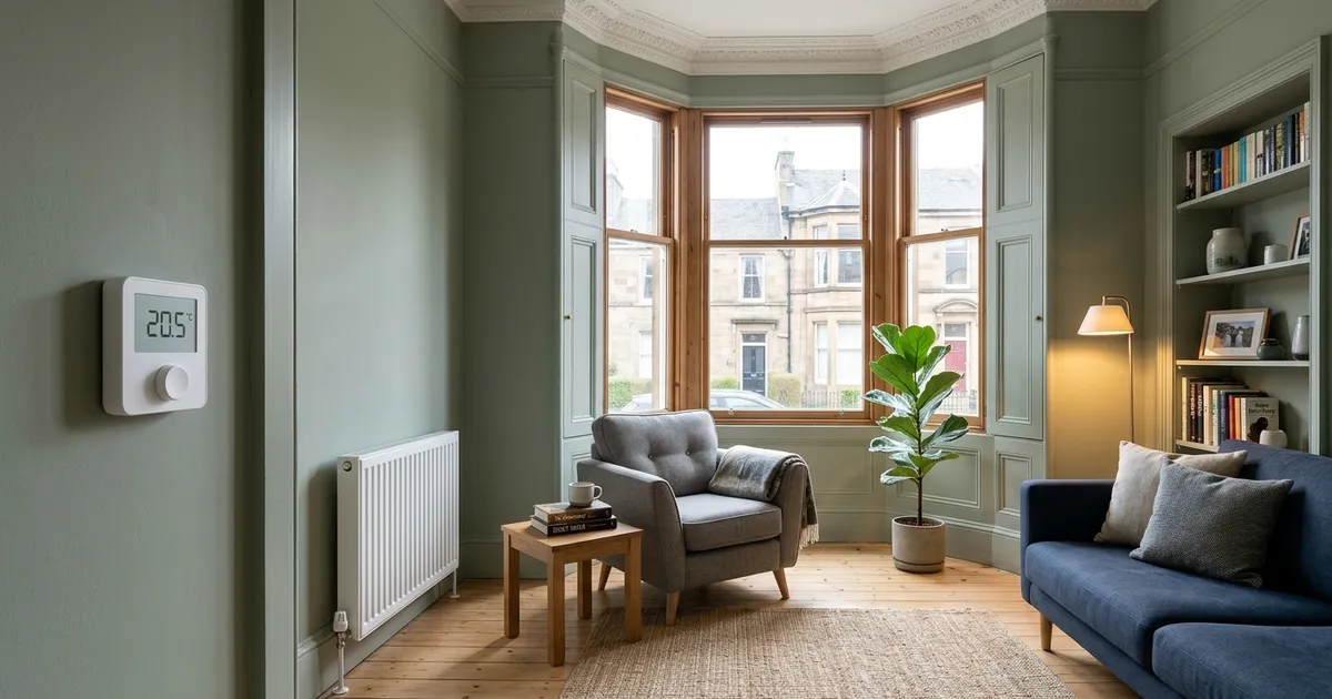 White smart thermostat showing 20.5°C on a sage green wall above a radiator in a living room with a bay window.