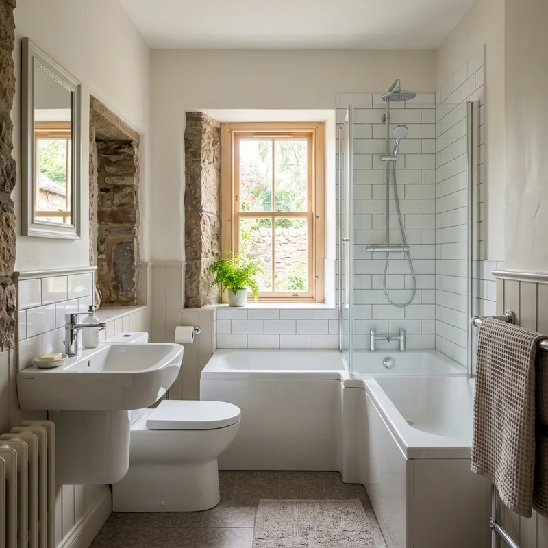 Traditional bathroom with modern white suite, L-shaped bath and shower. Features exposed stone walls and light wood window.