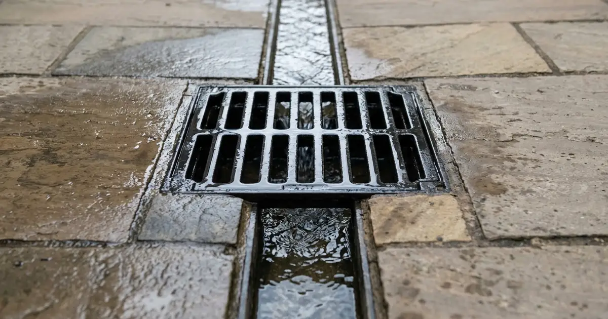 Rainwater draining into a street grate and channel on wet flagstones in Edinburgh.